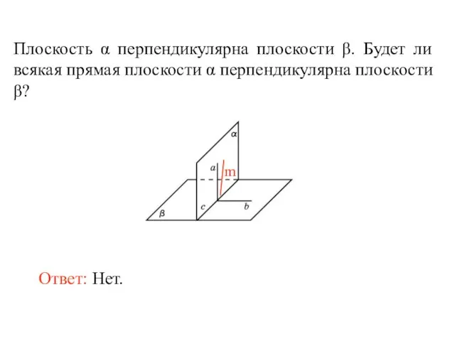 Плоскость α перпендикулярна плоскости β. Будет ли всякая прямая плоскости α перпендикулярна плоскости β? Ответ: Нет.