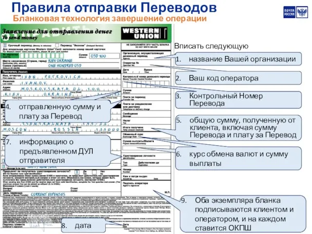 Правила отправки Переводов Бланковая технология завершение операции Вписать следующую информацию: общую сумму,