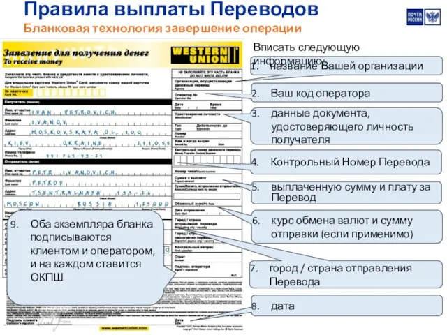 Правила выплаты Переводов Бланковая технология завершение операции курс обмена валют и сумму