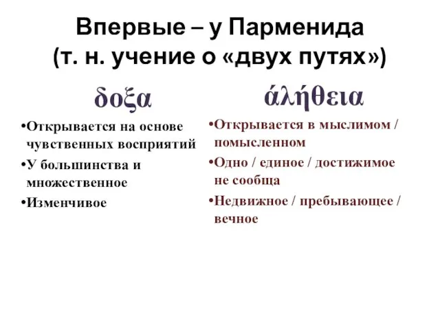 Впервые – у Парменида (т. н. учение о «двух путях») δοξα Открывается