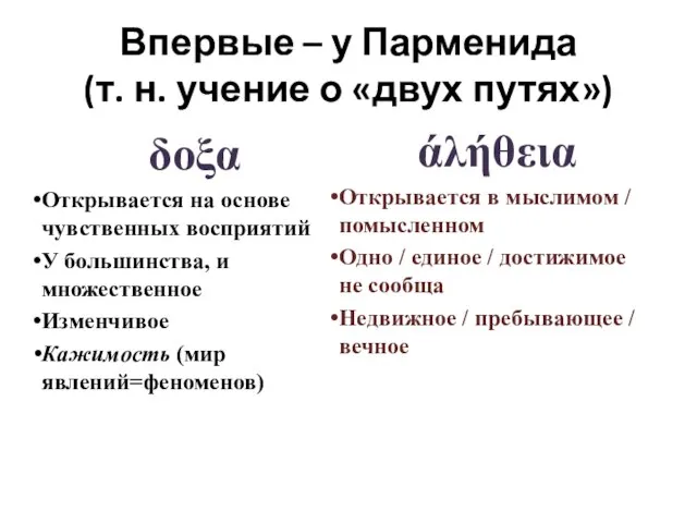 Впервые – у Парменида (т. н. учение о «двух путях») δοξα Открывается