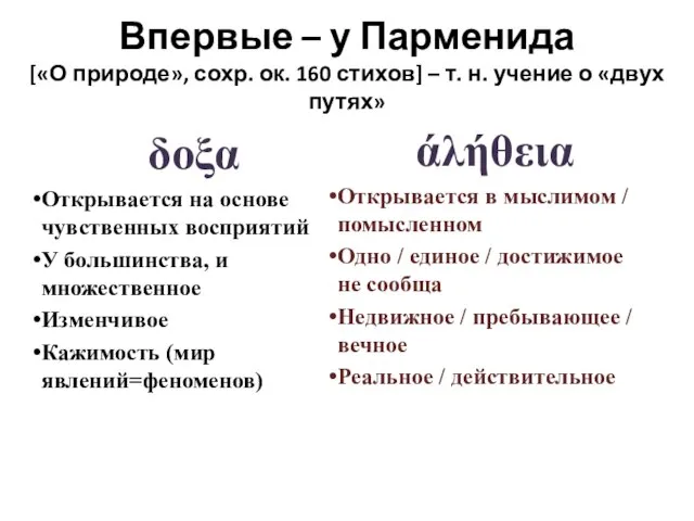 Впервые – у Парменида [«О природе», сохр. ок. 160 стихов] – т.