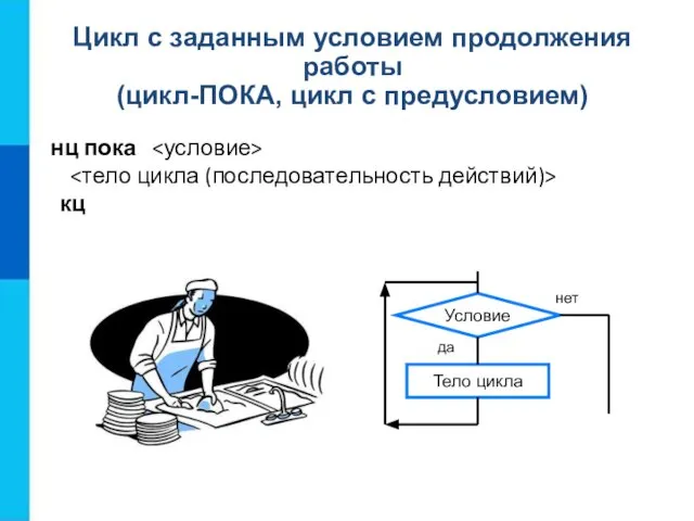 Цикл с заданным условием продолжения работы (цикл-ПОКА, цикл с предусловием) нц пока кц