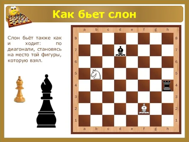 Как бьет слон Слон бьёт также как и ходит: по диагонали, становясь