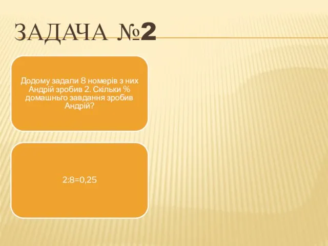 Додому задали 8 номерів з них Андрій зробив 2. Скільки % домашньго