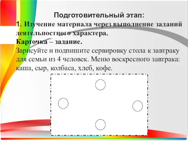 Подготовительный этап: 1. Изучение материала через выполнение заданий деятельностного характера. Карточка –