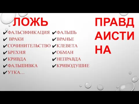 ПРАВДАИСТИНА ЛОЖЬ ФАЛЬШЬ ВРАНЬЕ КЛЕВЕТА ОБМАН НЕПРАВДА КРИВОДУШИЕ ФАЛЬСИФИКАЦИЯ ВРАКИ СОЧИНИТЕЛЬСТВО БРЕХНЯ КРИВДА ФАЛЬШИВКА УТКА…