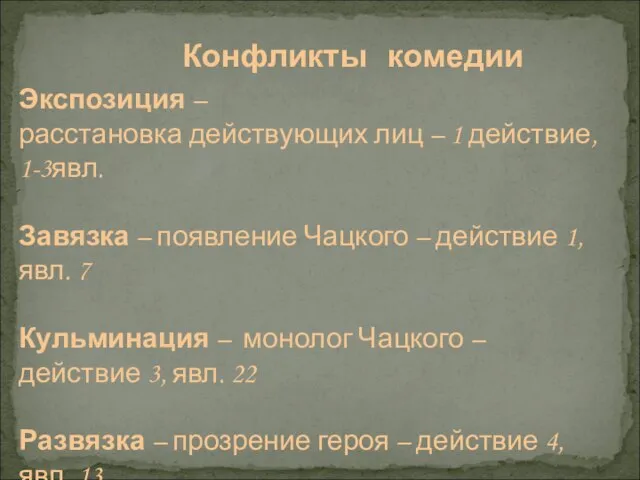 Конфликты комедии Экспозиция – расстановка действующих лиц – 1 действие, 1-3явл. Завязка