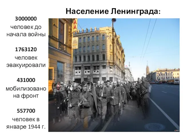 Население Ленинграда: 3000000 человек до начала войны 1763120 человек эвакуировали 431000 мобилизовано