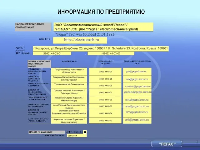 http://electromeh.ru ■ “Pegas” JSC was founded 21.01.1992 svn@pegas.kmtn.ru msu@pegas.kmtn.ru grishaev@pegas.kmtn.ru uev@pegas.kmtn.ru bev@pegas.kmtn.ru gva@pegas.kmtn.ru zok@pegas.kmtn.ru a.udalov@pegas.kmtn.ru