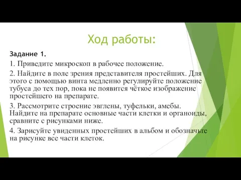 Ход работы: Задание 1. 1. Приведите микроскоп в рабочее положение. 2. Найдите