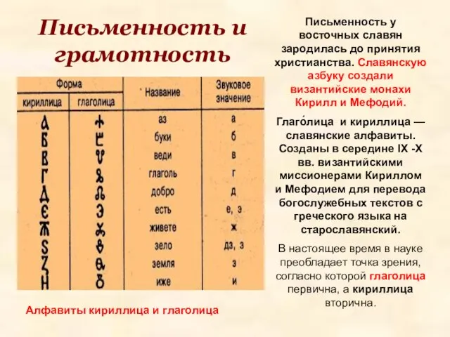 Письменность и грамотность Письменность у восточных славян зародилась до принятия христианства. Славянскую