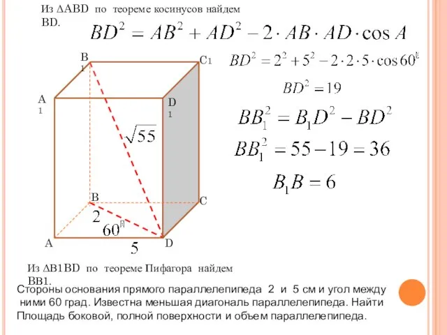 Из ΔABD по теореме косинусов найдем BD. Из ΔВ1BD по теореме Пифагора