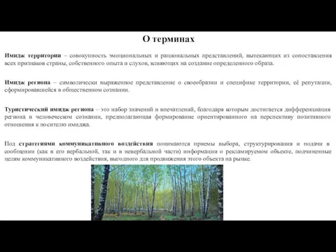 О терминах Имидж территории – совокупность эмоциональных и рациональных представлений, вытекающих из