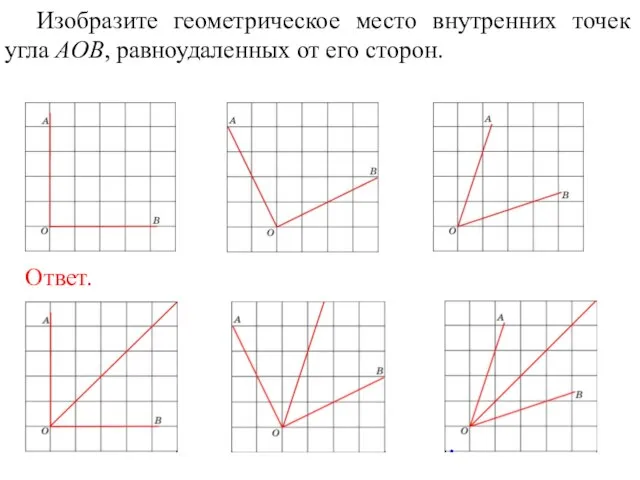 Изобразите геометрическое место внутренних точек угла AOB, равноудаленных от его сторон.