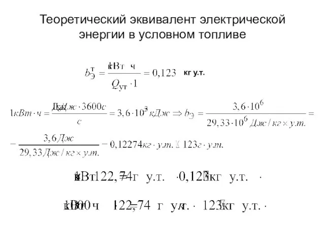 Теоретический эквивалент электрической энергии в условном топливе кг у.т.