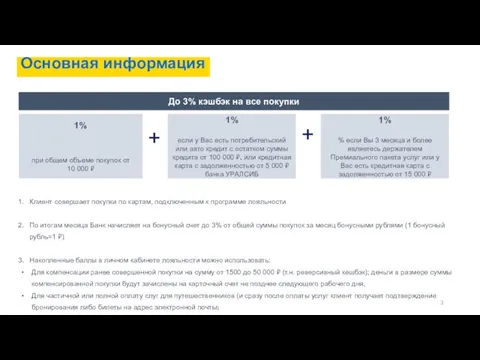 Основная информация До 3% кэшбэк на все покупки 1% при общем объеме