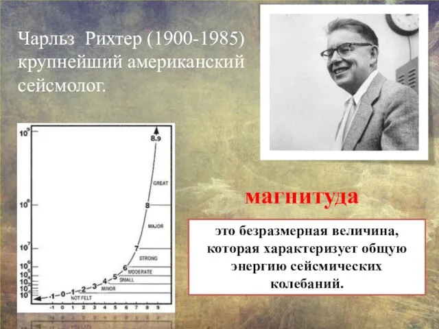 Чарльз Рихтер (1900-1985) крупнейший американский сейсмолог. магнитуда это безразмерная величина, которая характеризует общую энергию сейсмических колебаний.