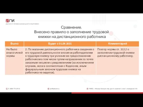 Сравнение. Внесено правило о заполнение трудовой книжки на дистанционного работника