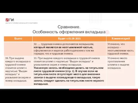 Сравнение. Особенность оформления вкладыша