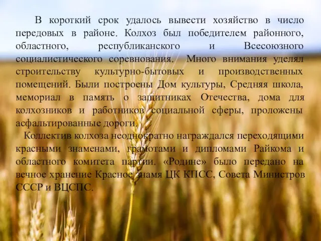 В короткий срок удалось вывести хозяйство в число передовых в районе. Колхоз