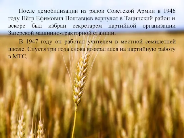 После демобилизации из рядов Советской Армии в 1946 году Пётр Ефимович Полтавцев