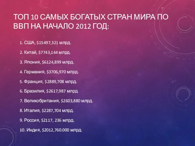 ТОП 10 САМЫХ БОГАТЫХ СТРАН МИРА ПО ВВП НА НАЧАЛО 2012 ГОД: