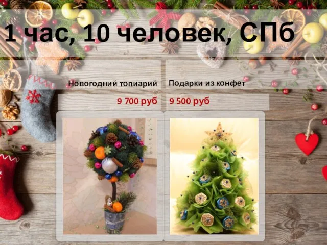 1 час, 10 человек, СПб Новогодний топиарий 9 700 руб Подарки из конфет 9 500 руб