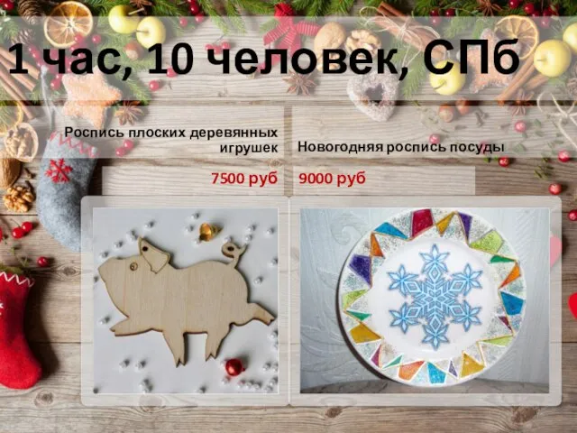 1 час, 10 человек, СПб Роспись плоских деревянных игрушек 7500 руб Новогодняя роспись посуды 9000 руб