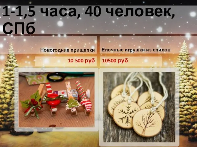 1-1,5 часа, 40 человек, СПб Новогодние прищепки 10 500 руб Елочные игрушки из спилов 10500 руб