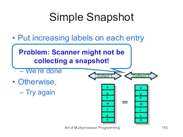 Simple Snapshot Put increasing labels on each entry Collect twice If both