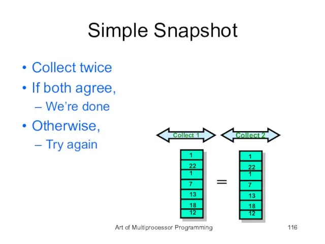 Simple Snapshot Collect twice If both agree, We’re done Otherwise, Try again