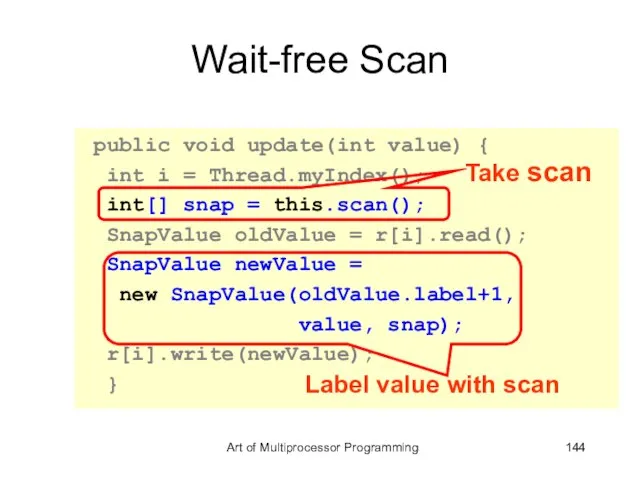Wait-free Scan public void update(int value) { int i = Thread.myIndex(); int[]