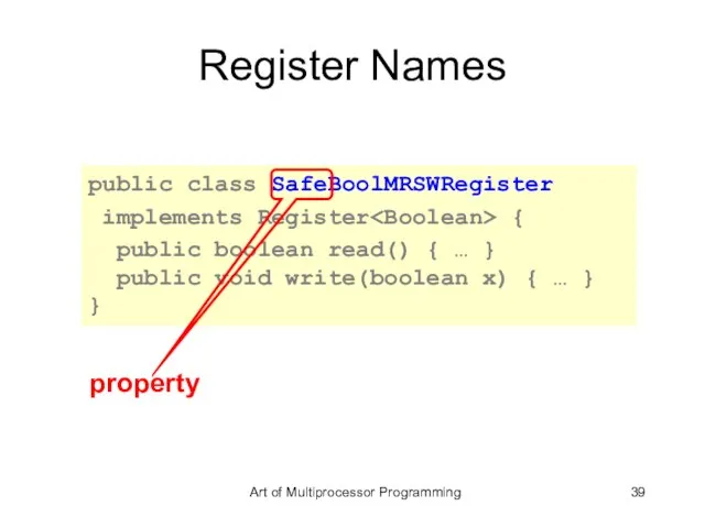 public class SafeBoolMRSWRegister implements Register { public boolean read() { … }