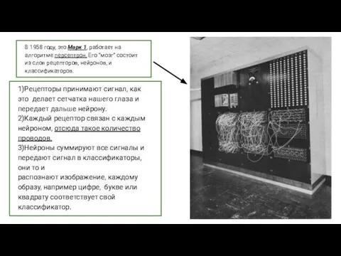 В 1958 году, это Марк 1, работает на алгоритме персептрон, Его “мозг”