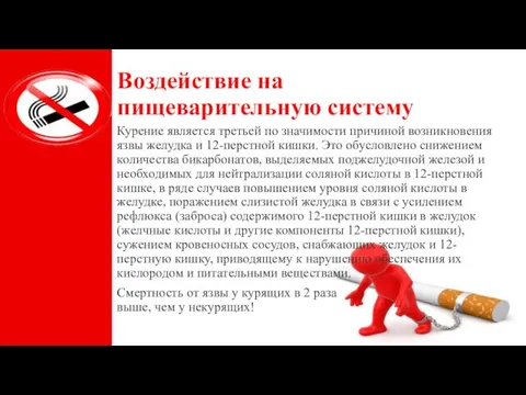 Воздействие на пищеварительную систему Курение является третьей по значимости причиной возникновения язвы