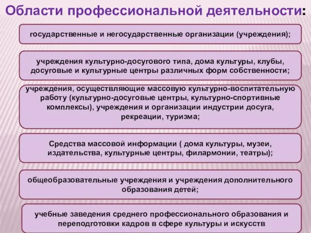 Области профессиональной деятельности: государственные и негосударственные организации (учреждения); учреждения культурно-досугового типа, дома