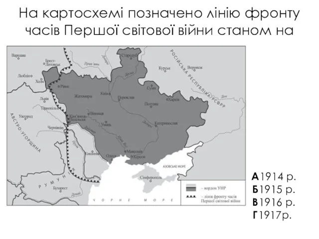 На картосхемі позначено лінію фронту часів Першої світової війни станом на А1914