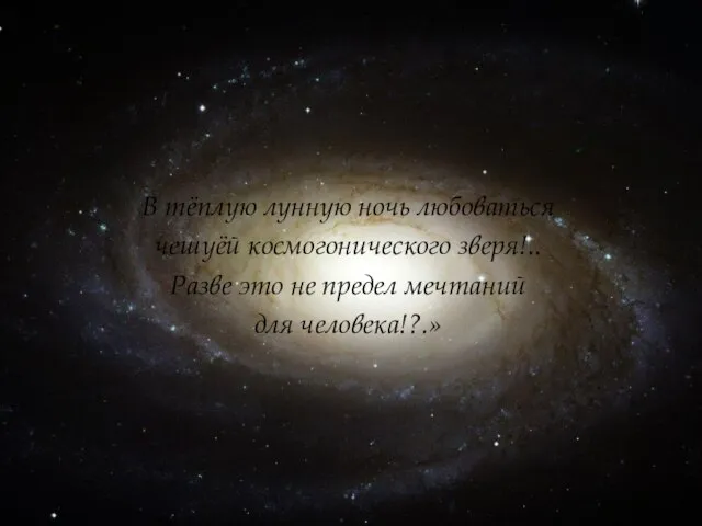 В тёплую лунную ночь любоваться чешуёй космогонического зверя!.. Разве это не предел мечтаний для человека!?.»