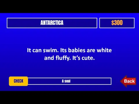 ANTARCTICA $300 A seal CHECK It can swim. Its babies are white and fluffy. It’s cute.