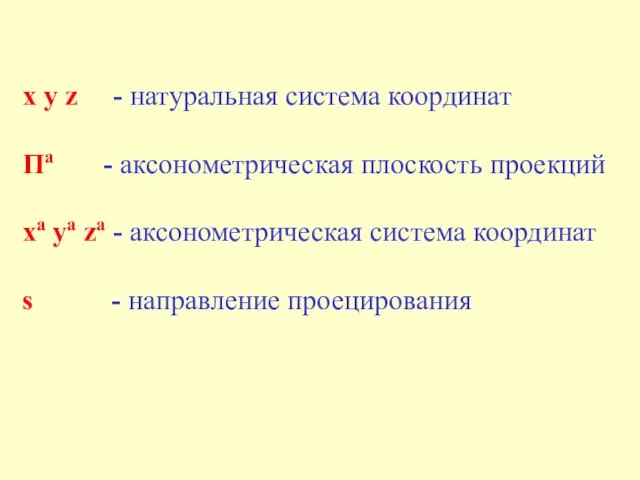 x y z - натуральная система координат Пa - аксонометрическая плоскость проекций