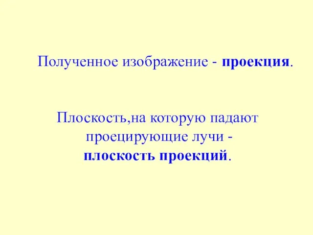 Полученное изображение - проекция. Плоскость,на которую падают проецирующие лучи - плоскость проекций.