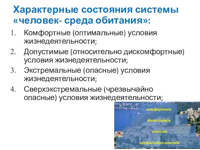 Характерные состояния системы «человек- среда обитания»: Комфортные (оптимальные) условия жизнедеятельности; Допустимые (относительно