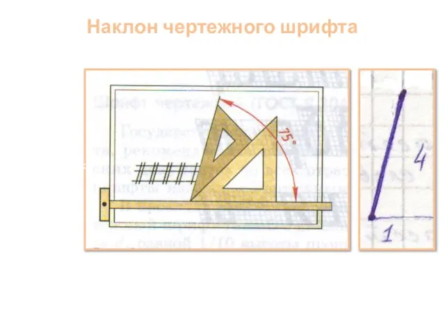 Наклон чертежного шрифта составляет 75 о Такой угол можно получить: с помощью