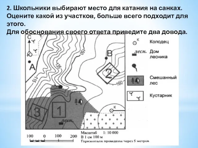 2. Школьники выбирают место для катания на санках. Оцените какой из участков,