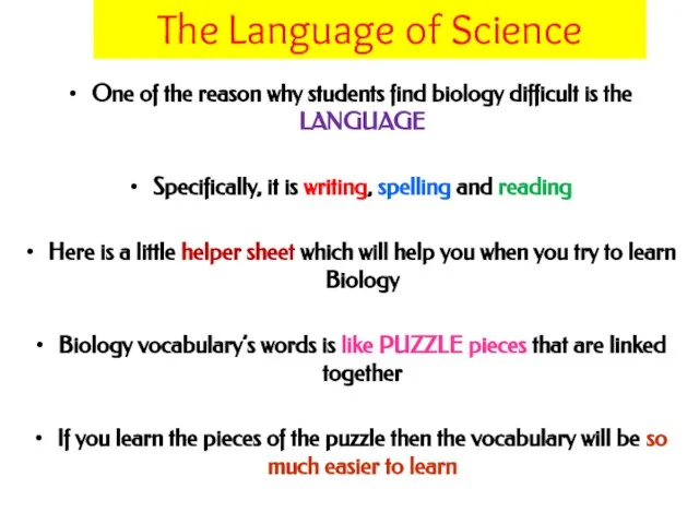One of the reason why students find biology difficult is the LANGUAGE