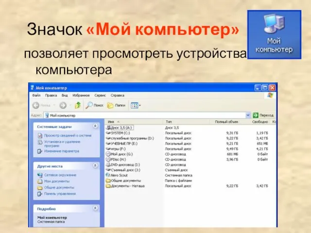 Значок «Мой компьютер» позволяет просмотреть устройства компьютера