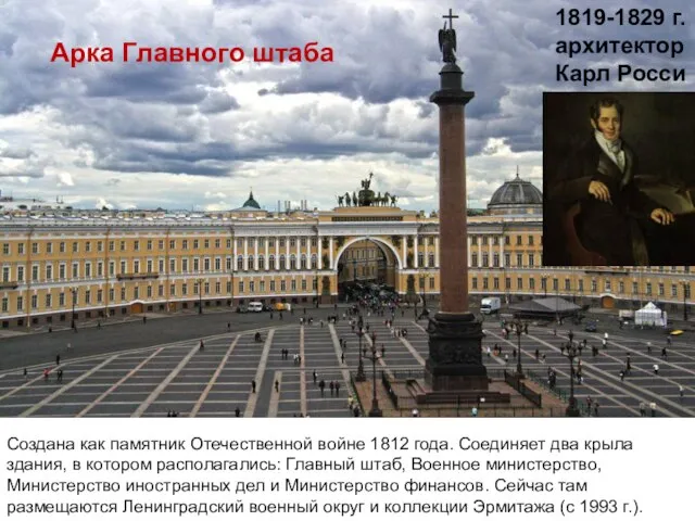 Создана как памятник Отечественной войне 1812 года. Соединяет два крыла здания, в