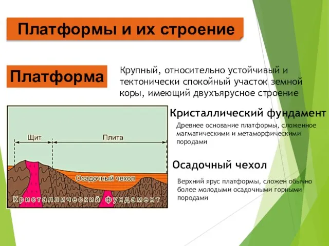 Платформы и их строение Платформа Крупный, относительно устойчивый и тектонически спокойный участок