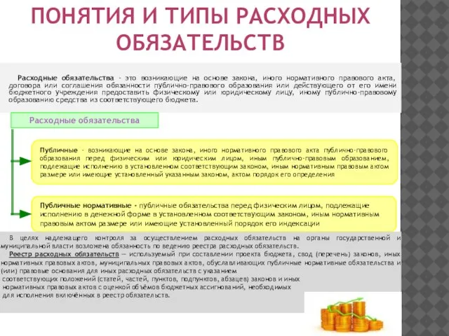 ПОНЯТИЯ И ТИПЫ РАСХОДНЫХ ОБЯЗАТЕЛЬСТВ Расходные обязательства - это возникающие на основе